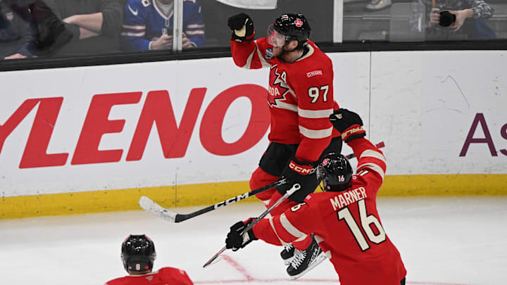 Feb 20, 2025:: Team Canada forward Connor McDavid (97) celebrates scoring in overtime with forward Mitch Marner (16) against Team USA. Feb 20, 2025:: Team Canada forward Connor McDavid (97) celebrates scoring in overtime with forward Mitch Marner (16) against Team USA.