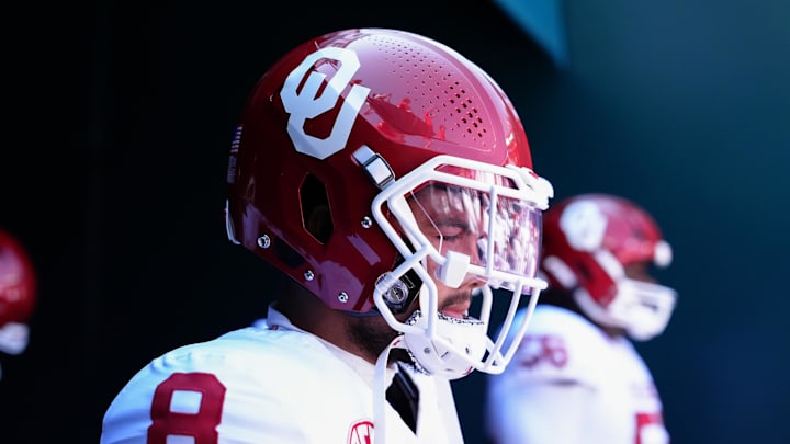 Sep 13, 2025; Philadelphia, Pennsylvania, USA; Oklahoma Sooners running back Taylor Tatum (8) enters the field before the game against the Temple Owls at Lincoln Financial Field. Mandatory Credit: Kyle Ross-Imagn Images