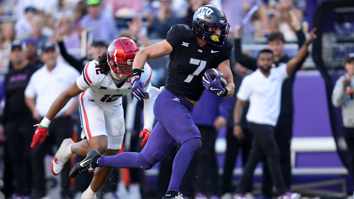Nov 23, 2024; Fort Worth, Texas, USA; TCU Horned Frogs wide receiver JP Richardson (7) runs for touchdown against the Arizona Wildcats in the second half at Amon G. Carter Stadium. Mandatory Credit: Tim Heitman-Imagn Images Nov 23, 2024; Fort Worth, Texas, USA; TCU Horned Frogs wide receiver JP Richardson (7) runs for touchdown against the Arizona Wildcats in the second half at Amon G. Carter Stadium. Mandatory Credit: Tim Heitman-Imagn Images
