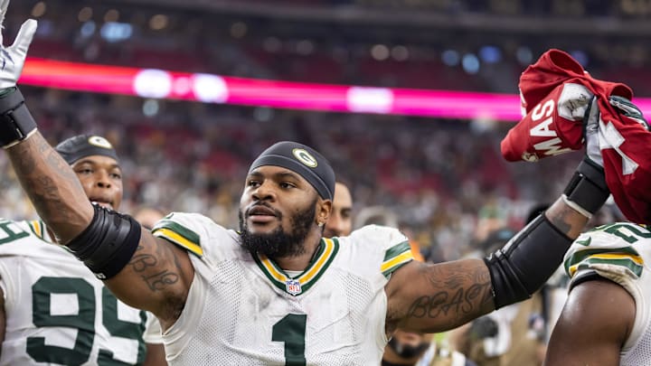 Green Bay Packers defensive lineman Micah Parsons celebrates the victory over the Arizona Cardinals.