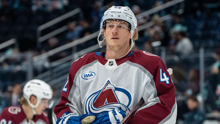 Oct 22, 2024; Seattle, Washington, USA;  Colorado Avalanche defenseman Josh Manson (42) is pictured before a game against the Seattle Kraken at Climate Pledge Arena. Mandatory Credit: Stephen Brashear-Imagn Images