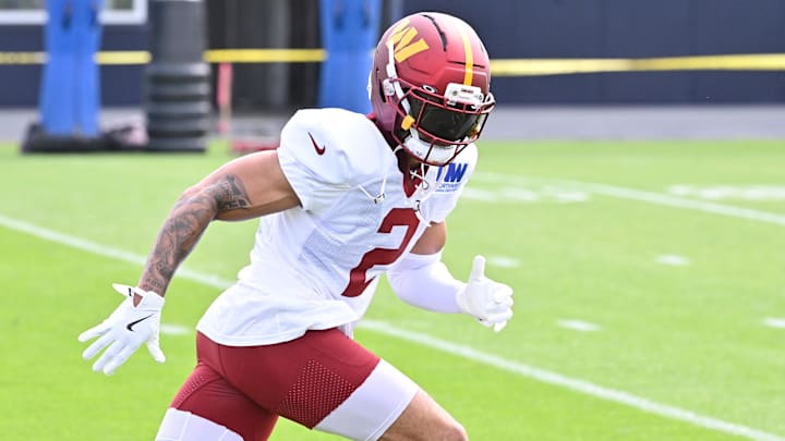 Washington Commanders cornerback Marshon Lattimore runs a route at training camp at Gillette Stadium.