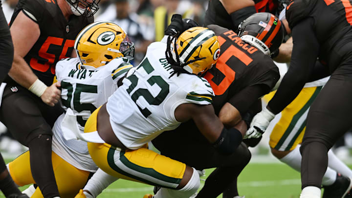 Sep 21, 2025; Cleveland, Ohio, USA; Green Bay Packers defensive end Rashan Gary (52) sacks Cleveland Browns quarterback Joe Flacco (15) during the second half at Huntington Bank Field. Mandatory Credit: Ken Blaze-Imagn Images