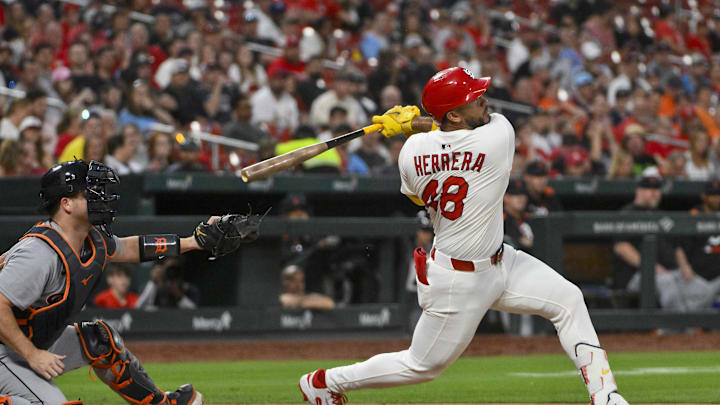 May 20, 2025; St. Louis, Missouri, USA;  St. Louis Cardinals designated hitter Ivan Herrera (48) hits a one run single against the Detroit Tigers during the sixth inning at Busch Stadium. Mandatory Credit: Jeff Curry-Imagn Images