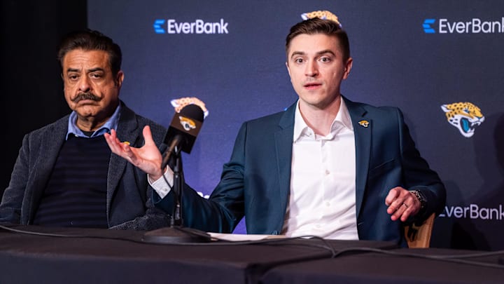 The Jacksonville Jaguars introduced General Manager James Gladstone, right, as he answered questions during a press conference Monday morning February 24, 2025 at the Miller Electric Center in Jacksonville, Fla. He was joined by owner Shad Khan, left, Khan’s son, Director of Football Strategy Tony Khan, Head Coach Liam Coen Executive Vice President of Football Operations Tony Boselli and team president Mark Lamping. [Doug Engle/Florida Times-Union]2025