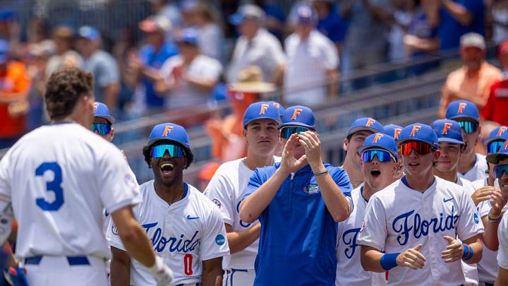 Florida's outfielder Kyle Jones (3) with a homer in the bottom of the first inning against Rider in Game 1 of the NCAA Gainesville Regional at Condron Family Ballpark in Gainesville, Florida, Friday, May 29, 2026. The Gators beat the Broncs 8-7. [Cyndi Chambers/ Gainesville Sun] 2026