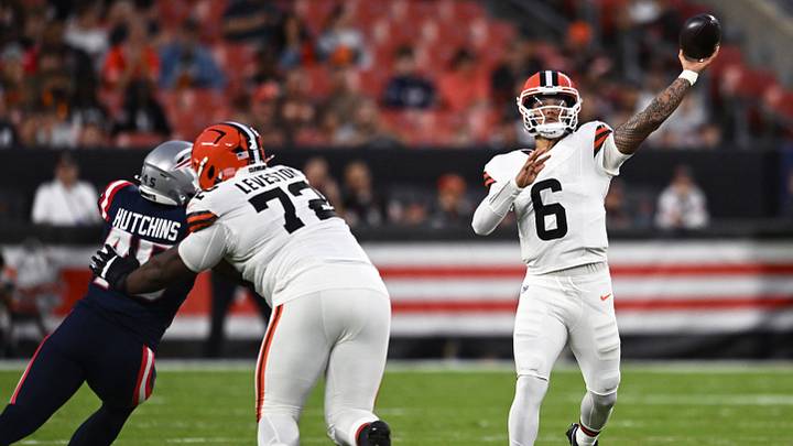 Aug 27, 2026; Cleveland, Ohio, USA;  Cleveland Browns quarterback Dillon Gabriel (6) throws the ball against the New England Patriots during the first half at Huntington Bank Field.  Mandatory Credit: Ken Blaze-Imagn Images