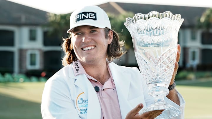 Neal Shipley with the trophy after a fifth playoff hole on the 18th hole after sinking a 38-ft putt and winning the tournament by one stroke at the LECOM Suncoast Classic at Lakewood National Golf Club on April 19, 2025 in Lakewood Ranch, Florida.