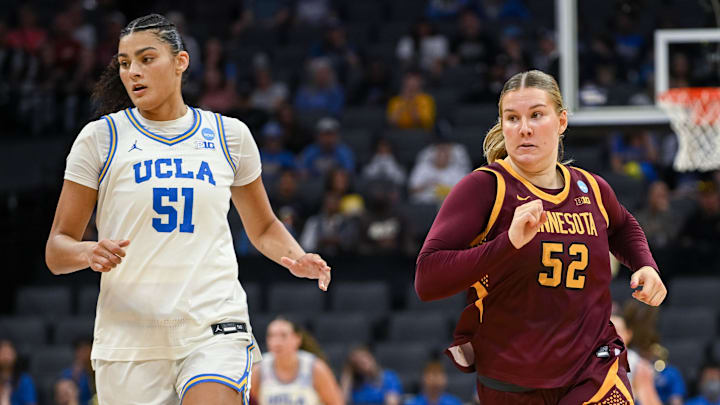 Mar 27, 2026; Sacramento, CA, USA; UCLA Bruins center Lauren Betts (51) and Minnesota Golden Gophers center Sophie Hart (52) run up the court during a Sweet Sixteen game of the Sacramento Regional 2 of the women's 2026 NCAA Tournament at Golden 1 Center. Mandatory Credit: Ed Szczepanski-Imagn Images