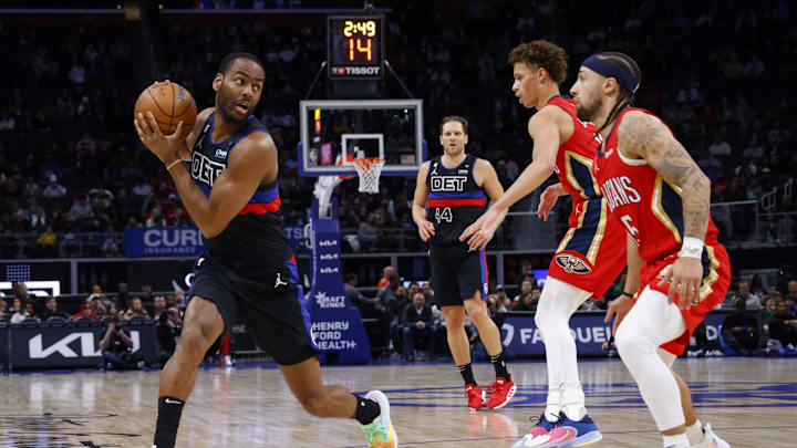 Jan 13, 2023; Detroit, Michigan, USA;  Detroit Pistons guard Alec Burks (5) is defended by New