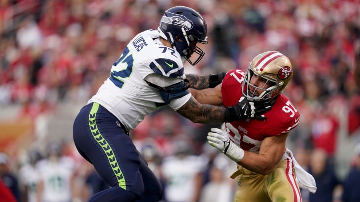 Dec 10, 2023; Santa Clara, California, USA; Seattle Seahawks offensive tackle Abraham Lucas (72) blocks San Francisco 49ers defensive end Nick Bosa (97) in the fourth quarter at Levi's Stadium. Mandatory Credit: Cary Edmondson-USA TODAY Sports