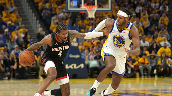 Apr 26, 2025; San Francisco, California, USA; Houston Rockets guard Jalen Green (4) dribbles against Golden State Warriors guard Buddy Hield (7) during the third quarter of game three of first round for the 2024 NBA Playoffs at Chase Center. Mandatory Credit: Darren Yamashita-Imagn Images Apr 26, 2025; San Francisco, California, USA; Houston Rockets guard Jalen Green (4) dribbles against Golden State Warriors guard Buddy Hield (7) during the third quarter of game three of first round for the 2024 NBA Playoffs at Chase Center. Mandatory Credit: Darren Yamashita-Imagn Images