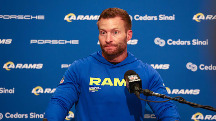 Dec 18, 2025; Seattle, Washington, USA;  Los Angeles Rams head coach Sean McVay speaks in a press conference after a game against the Seattle Seahawks at Lumen Field. Mandatory Credit: Kevin Ng-Imagn Images