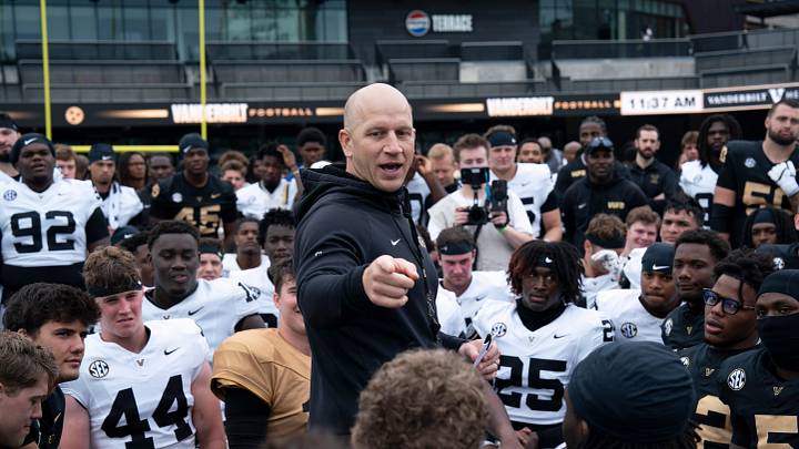 Vanderbilt coach Clark Lea speaks to his team after Vanderbilt Football's Black and Gold Spring Game in FirstBank Stadium at Vanderbilt University Saturday, April 18, 2026. Vanderbilt coach Clark Lea speaks to his team after Vanderbilt Football's Black and Gold Spring Game in FirstBank Stadium at Vanderbilt University Saturday, April 18, 2026.