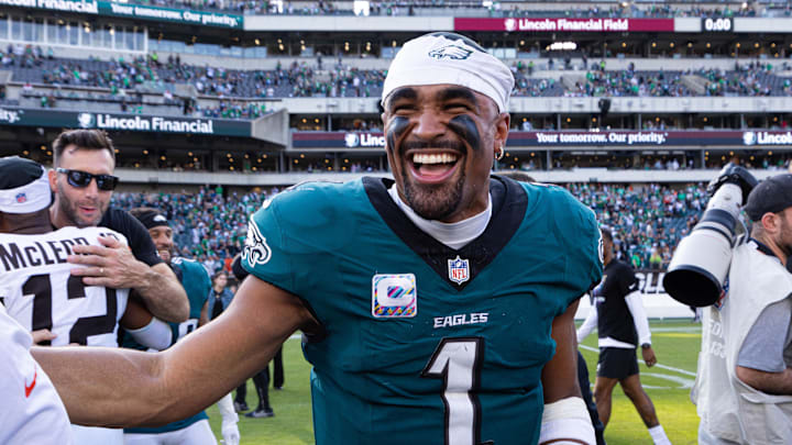 Oct 13, 2024; Philadelphia, Pennsylvania, USA; Philadelphia Eagles quarterback Jalen Hurts (1) smiles after a victory against the Cleveland Browns at Lincoln Financial Field. Oct 13, 2024; Philadelphia, Pennsylvania, USA; Philadelphia Eagles quarterback Jalen Hurts (1) smiles after a victory against the Cleveland Browns at Lincoln Financial Field.