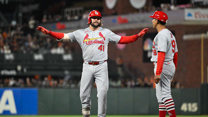 Sep 23, 2025; San Francisco, California, USA; St. Louis Cardinals first baseman Alec Burleson (41) celebrates a RBI single against the San Francisco Giants during the ninth inning at Oracle Park. Mandatory Credit: Eakin Howard-Imagn Images