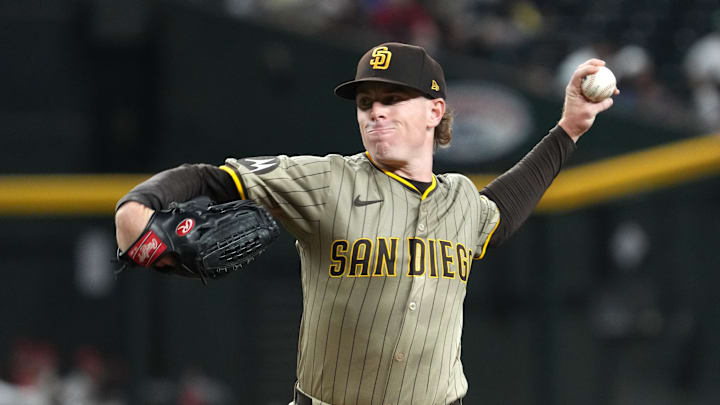 Aug 4, 2025; Phoenix, Arizona, USA; San Diego Padres pitcher JP Sears (38) throws against the Arizona Diamondbacks in the first inning at Chase Field. Mandatory Credit: Rick Scuteri-Imagn Images