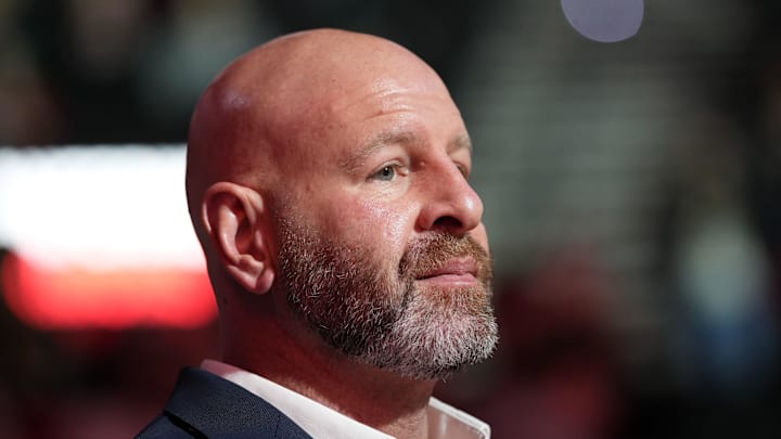 Dec 6, 2024; Portland, Oregon, USA; Portland Trail Blazers general manager Joe Cronin looks on before the game against the Utah Jazz at Moda Center. Mandatory Credit: Soobum Im-Imagn Images