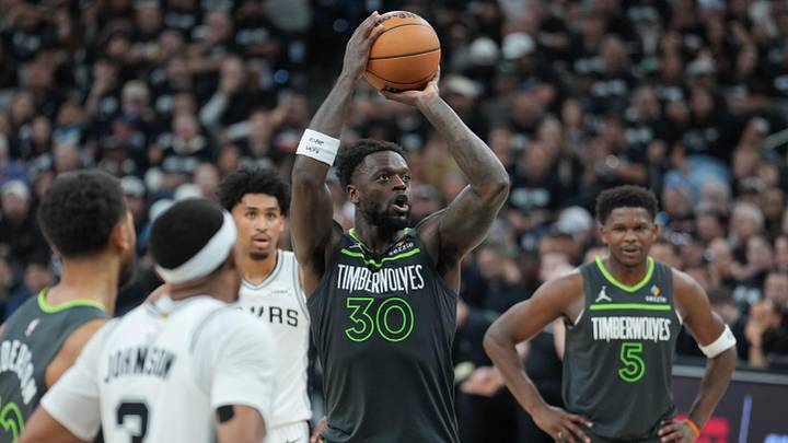 May 6, 2026; San Antonio, Texas, USA; Minnesota Timberwolves forward Julius Randle (30) shoots a free throw in the second half against the San Antonio Spurs during game two of the second round of the 2026 NBA Playoffs at Frost Bank Center. Mandatory Credit: Daniel Dunn-Imagn Images