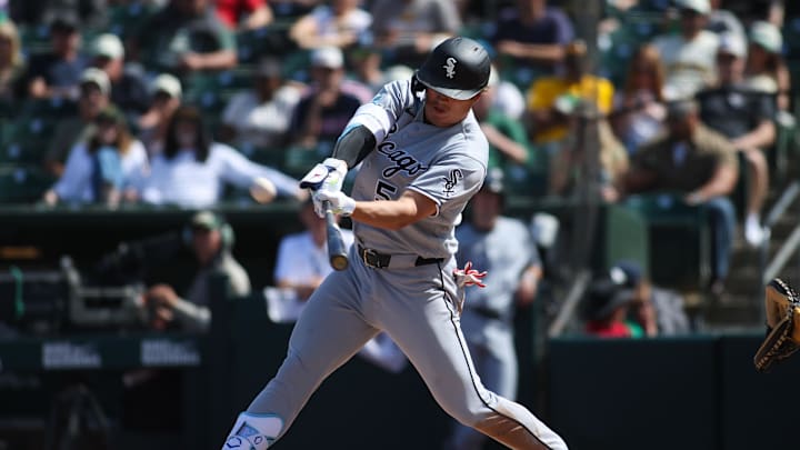 Apr 18, 2026; West Sacramento, California, USA; Chicago White Sox first baseman Munetaka Murakami (5) hits a solo home run during the seventh inning against the Athletics at Sutter Health Park. Mandatory Credit: Scott Marshall-Imagn Images