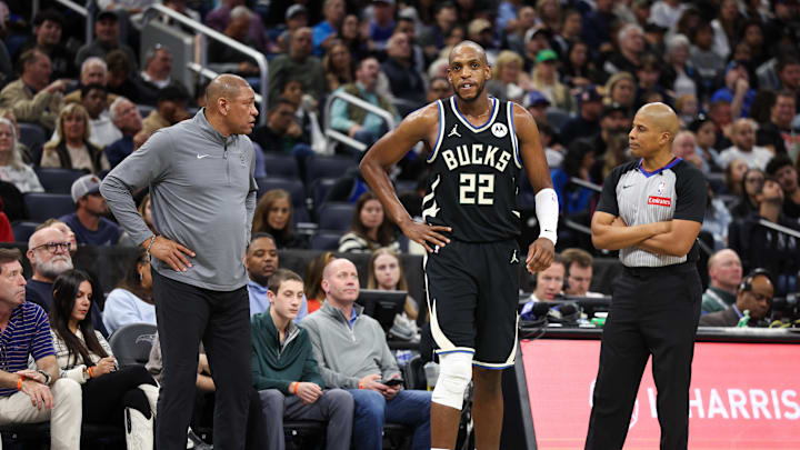 Jan 10, 2025; Orlando, Florida, USA;Milwaukee Bucks forward Khris Middleton (22) looks on against the Orlando Magic in the fourth quarter  at Kia Center. Mandatory Credit: Nathan Ray Seebeck-Imagn Images