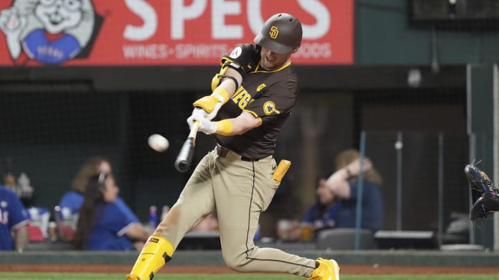 San Diego Padres center fielder Jackson Merrill (3) connects for a double against the Texas Rangers during the eighth inning at Globe Life Field July 3.