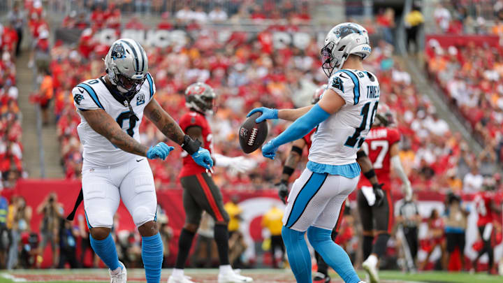 Carolina Panthers wide receiver Adam Thielen celebrates with his teammate on Dec 29, 2024. 
