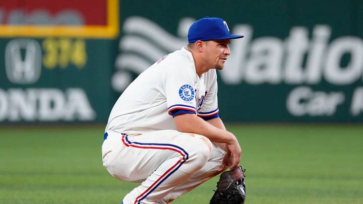 Aug 18, 2026; Arlington, Texas, USA; Texas Rangers shortstop Corey Seager (5) waits for the next Washington Nationals batter during the eighth inning at Globe Life Field. Mandatory Credit: Jim Cowsert-Imagn Images Aug 18, 2026; Arlington, Texas, USA; Texas Rangers shortstop Corey Seager (5) waits for the next Washington Nationals batter during the eighth inning at Globe Life Field. Mandatory Credit: Jim Cowsert-Imagn Images
