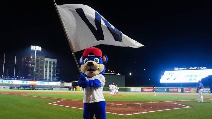 Jackson waves the Win flag during a minor league baseball game between the Knoxville Smokies and Biloxi Shuckers at Covenant Health Park in Knoxville, Tenn., on July 7, 2026.