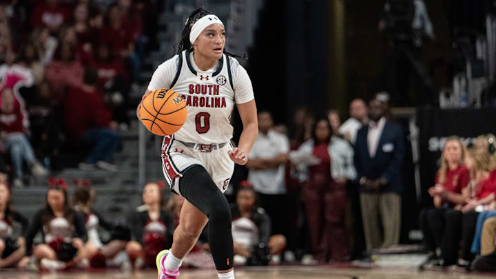 Te-Hina Paopao brings the ball up against Kentucky at Colonial Life Arena.