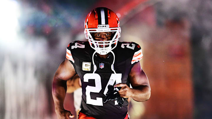 Nov 21, 2024; Cleveland, Ohio, USA; Cleveland Browns running back Nick Chubb (24) is introduced before the game between the Browns and the Pittsburgh Steelers at Huntington Bank Field. Mandatory Credit: Ken Blaze-Imagn Images