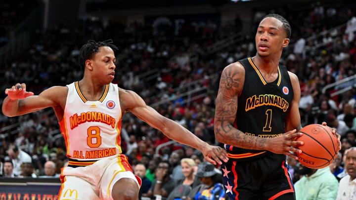 Mar 28, 2023; Houston, TX, USA; McDonald's All American West forward Ron Holland (1) as McDonald's All American East guard Elmarko Jackson (8) defends during the first half at Toyota Center. Mandatory Credit: Maria Lysaker-USA TODAY Sports