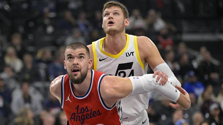 Dec 16, 2024; Inglewood, California, USA; Los Angeles Clippers center Ivica Zubac (40) boxes out Utah Jazz center Walker Kessler (24) in the first half at Intuit Dome. Mandatory Credit: Jayne Kamin-Oncea-Imagn Images Dec 16, 2024; Inglewood, California, USA; Los Angeles Clippers center Ivica Zubac (40) boxes out Utah Jazz center Walker Kessler (24) in the first half at Intuit Dome. Mandatory Credit: Jayne Kamin-Oncea-Imagn Images
