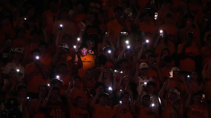 ASU fans turn on their phone lights as they go wild during a game at Mountain America Stadium on Aug. 31, 2024, in Tempe. Will this kind of environment give the Sun Devils the edge against Mississippi State? ASU fans turn on their phone lights as they go wild during a game at Mountain America Stadium on Aug. 31, 2024, in Tempe. Will this kind of environment give the Sun Devils the edge against Mississippi State?