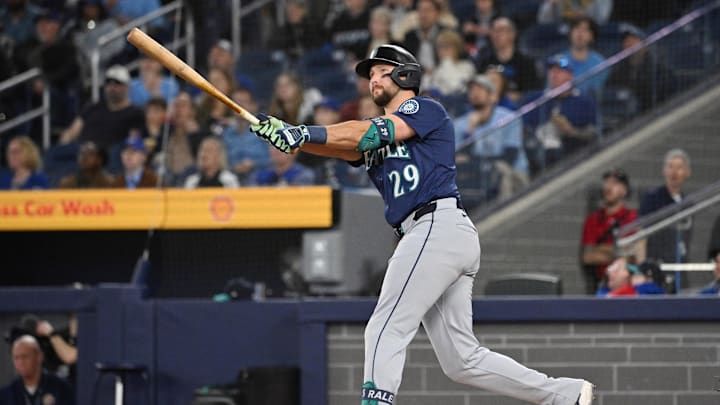 Seattle Mariners catcher designated hitter Cal Raleigh (29) hits a two run home run against the Toronto Blue Jays in the first inning at Rogers Centre on April 20.