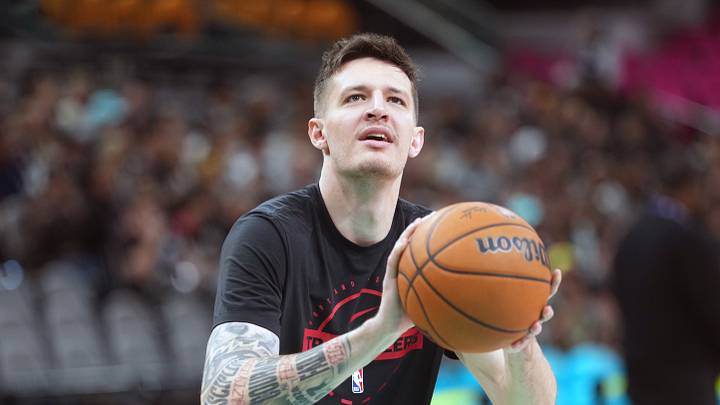 Portland Trail Blazers guard Vit Krejci (27) warms up before game one of the first round of the 2026 NBA Playoffs against the San Antonio Spurs at Frost Bank Center on Apr. 19, 2026. Portland Trail Blazers guard Vit Krejci (27) warms up before game one of the first round of the 2026 NBA Playoffs against the San Antonio Spurs at Frost Bank Center on Apr. 19, 2026.