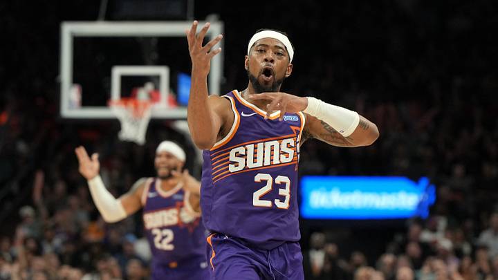 Oct 24, 2026; Phoenix, Arizona, USA; Phoenix Suns guard Jordan Goodwin (23) reacts after scoring against the Golden State Warriors in the second half at Mortgage Matchup Center. Mandatory Credit: Rick Scuteri-Imagn Images Oct 24, 2026; Phoenix, Arizona, USA; Phoenix Suns guard Jordan Goodwin (23) reacts after scoring against the Golden State Warriors in the second half at Mortgage Matchup Center. Mandatory Credit: Rick Scuteri-Imagn Images