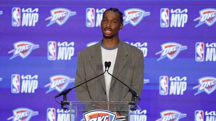 May 17, 2026; Oklahoma City, OK, USA; Oklahoma City Thunder guard Shai Gilgeous-Alexander speaks during a press conference after the announcement he won the 2025-2026 NBA Most Valuable Player award. Mandatory Credit: Alonzo Adams-Imagn Images May 17, 2026; Oklahoma City, OK, USA; Oklahoma City Thunder guard Shai Gilgeous-Alexander speaks during a press conference after the announcement he won the 2025-2026 NBA Most Valuable Player award. Mandatory Credit: Alonzo Adams-Imagn Images