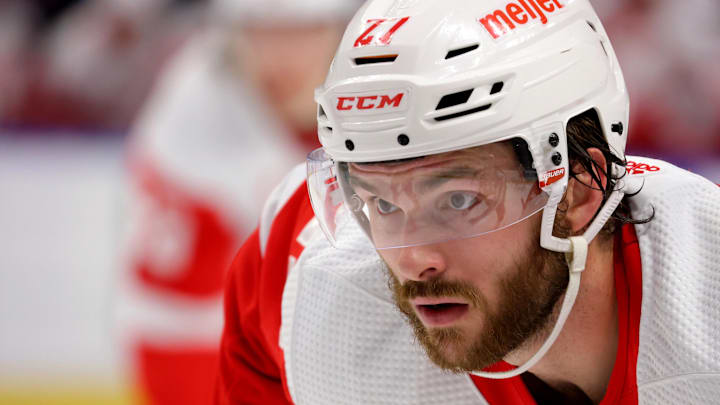 Mar 12, 2024; Buffalo, New York, USA;  Detroit Red Wings center Michael Rasmussen (27) waits for the