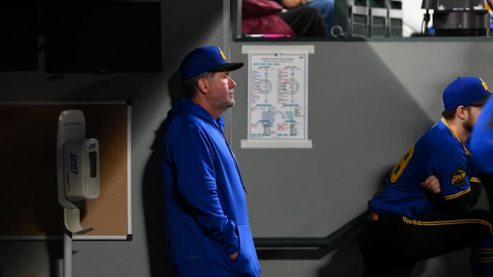 Seattle Mariners hitting coach Edgar Martinez watches from the dugout during the first inning of the game against the Oakland Athletics at T-Mobile Park on Sept 27.