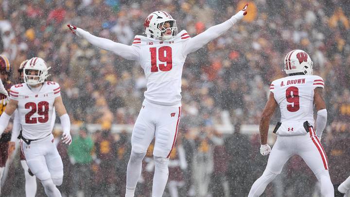 Nov 29, 2025; Minneapolis, Minnesota, USA; Wisconsin Badgers linebacker Thomas Heiberger (19) celebrates a missed field goal against the Minnesota Golden Gophers during the first half at Huntington Bank Stadium. Mandatory Credit: Matt Krohn-Imagn Images