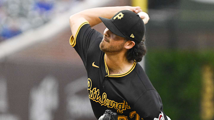 May 16, 2024; Chicago, Illinois, USA;  Pittsburgh Pirates pitcher Jared Jones (37) pitches against the Chicago Cubs.