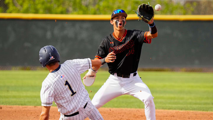 Corona del Sol infielder Maddon DelaCruz (24) records a force out at second base on Casteel infielder Baylor Denny (1) at Casteel High School in Queen Creek, on April 10, 2026.