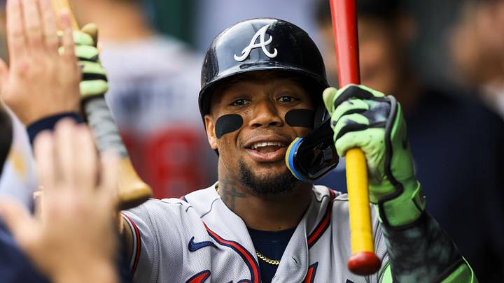 May 29, 2026; Cincinnati, Ohio, USA; Atlanta Braves outfielder Ronald Acuna Jr. (13) high fives teammates after hitting a solo home run in the first inning against the Cincinnati Reds at Great American Ball Park. Mandatory Credit: Katie Stratman-Imagn Images May 29, 2026; Cincinnati, Ohio, USA; Atlanta Braves outfielder Ronald Acuna Jr. (13) high fives teammates after hitting a solo home run in the first inning against the Cincinnati Reds at Great American Ball Park. Mandatory Credit: Katie Stratman-Imagn Images