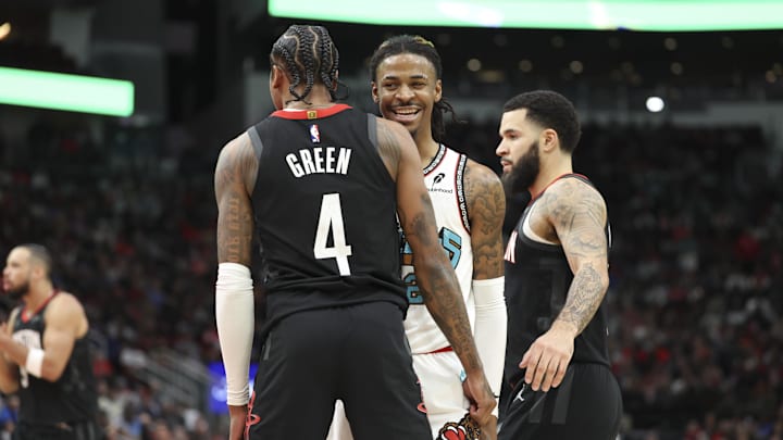 Jan 13, 2025; Houston, Texas, USA; Memphis Grizzlies guard Ja Morant (12) smiles after a play during the second half against the Houston Rockets at Toyota Center. Mandatory Credit: Troy Taormina-Imagn Images