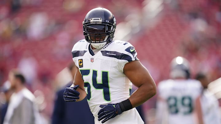 Dec 10, 2023; Santa Clara, California, USA; Seattle Seahawks linebacker Bobby Wagner (54) jogs on the field before the start of the game against the San Francisco 49ers at Levi's Stadium. Mandatory Credit: Cary Edmondson-Imagn Images