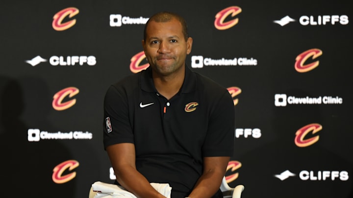 Sep 14, 2022; Cleveland, OH, USA; Cleveland Cavaliers president of basketball operations Koby Altman during an introductory press conference at Rocket Mortgage FieldHouse. Mandatory Credit: David Richard-USA TODAY Sports