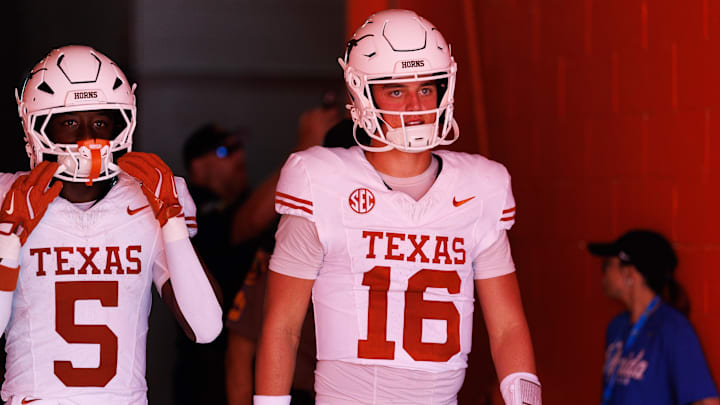 Texas Longhorns quarterback Arch Manning (16) walks out of the tunnel with Texas Longhorns running back Quintrevion Wisner (5) before a game against the Florida Gators at Ben Hill Griffin Stadium. Credit: Matt Pendleton-Imagn Images Texas Longhorns quarterback Arch Manning (16) walks out of the tunnel with Texas Longhorns running back Quintrevion Wisner (5) before a game against the Florida Gators at Ben Hill Griffin Stadium. Credit: Matt Pendleton-Imagn Images