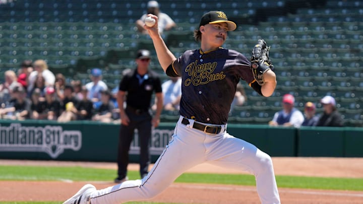 Indianapolis Indians starting pitcher Bubba Chandler (53) throws to Louisville Bats outfielder Jacob Hurtubise (0) during the first inning of a game Sunday, May 18, 2025, at Victory Field in Indianapolis.