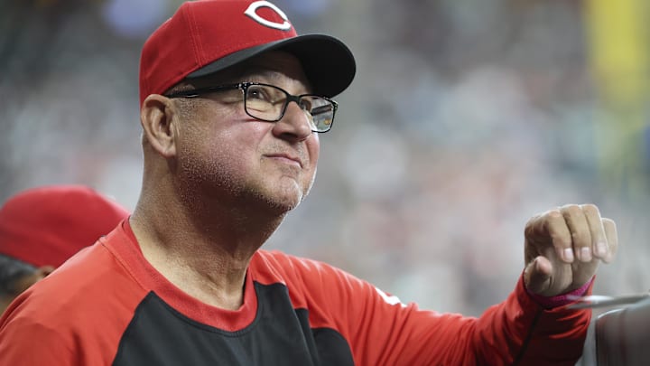 May 11, 2025; Houston, Texas, USA; Cincinnati Reds manager Terry Francona (77) looks on from the dugout during the game against the Houston Astros at Daikin Park. Mandatory Credit: Troy Taormina-Imagn Images